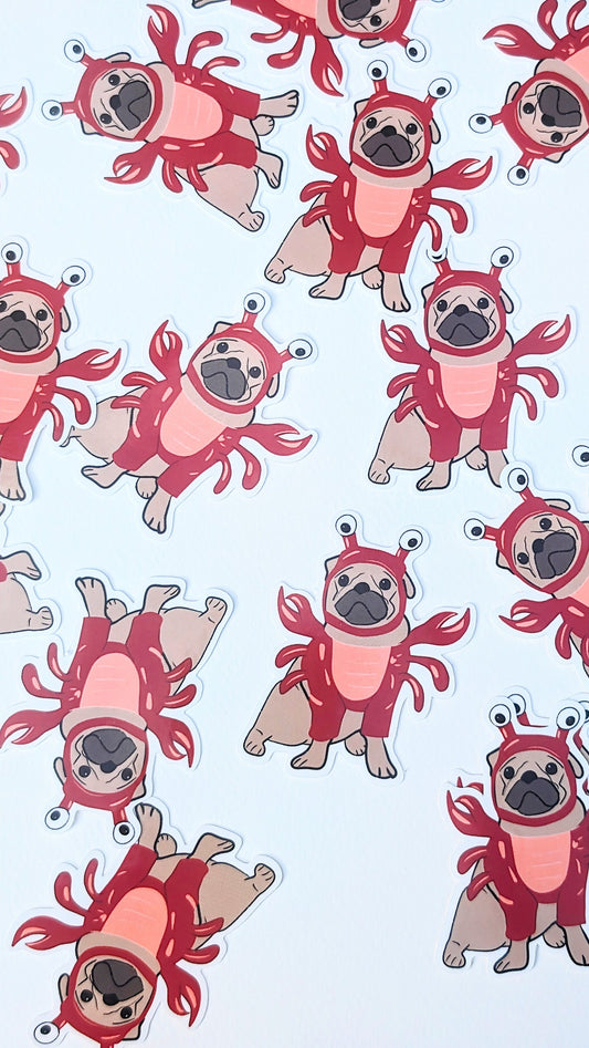 Pug Lobster Costume Sticker: Waterproof Vinyl Dog Illustration