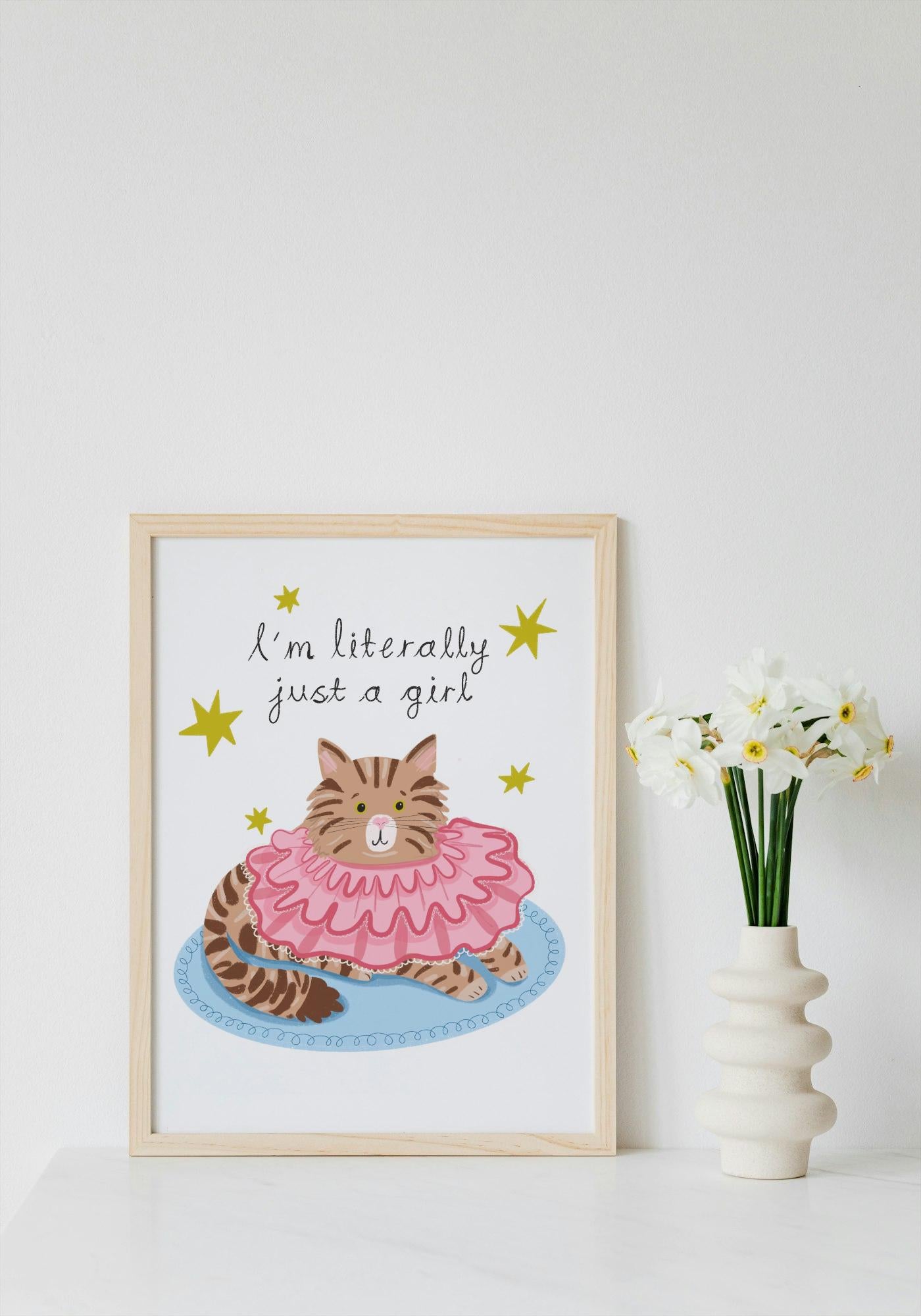 Just a girl cat print. Wall art illustration