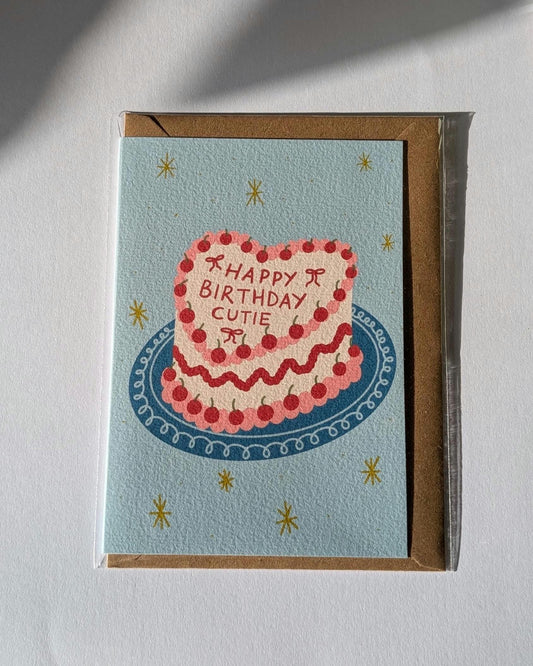 Happy birthday cutie, cake card, coquette, rococo, cherry greeting card