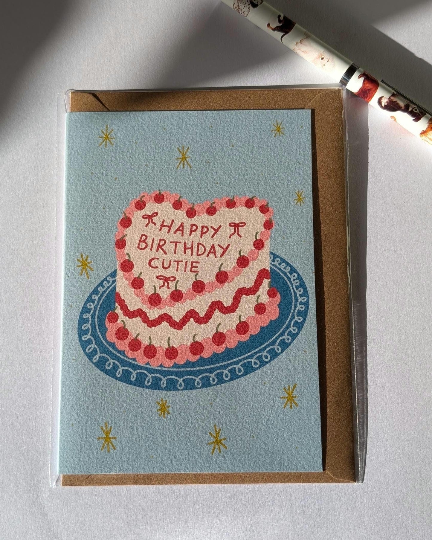 Happy birthday cutie, cake card, coquette, rococo, cherry greeting card