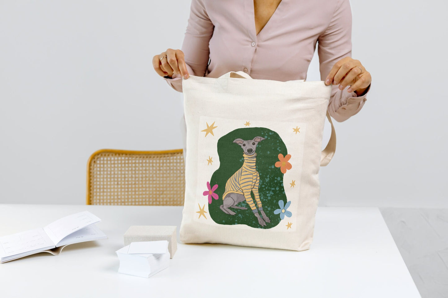 Whippet Dog Illustration Cotton Tote Bag: Dog Lover Gift