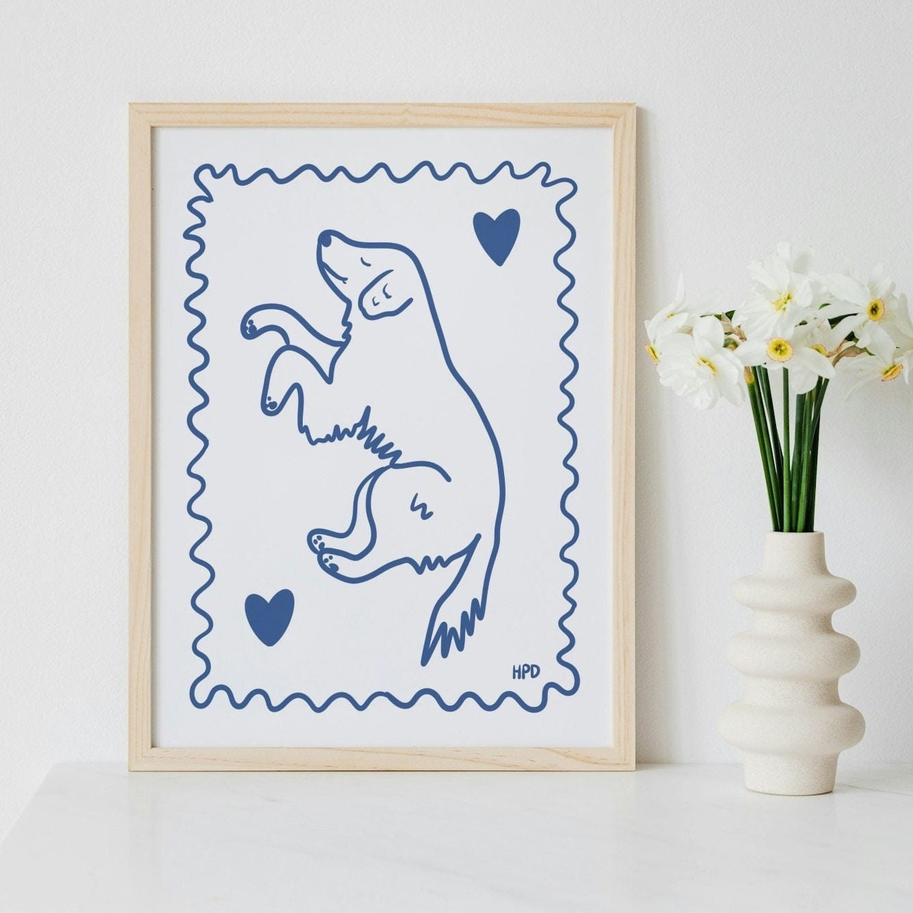 Golden Retriever Art Print: Blue and White Dog Illustration
