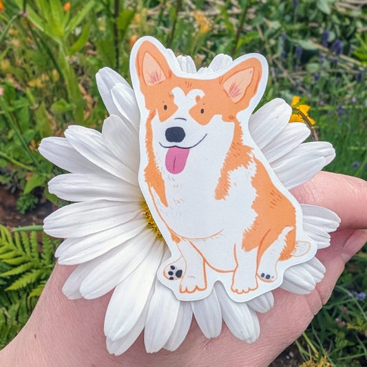 Corgi dog illustrated die cut sticker. Vinyl waterproof sticker for laptops, notebooks, water bottles