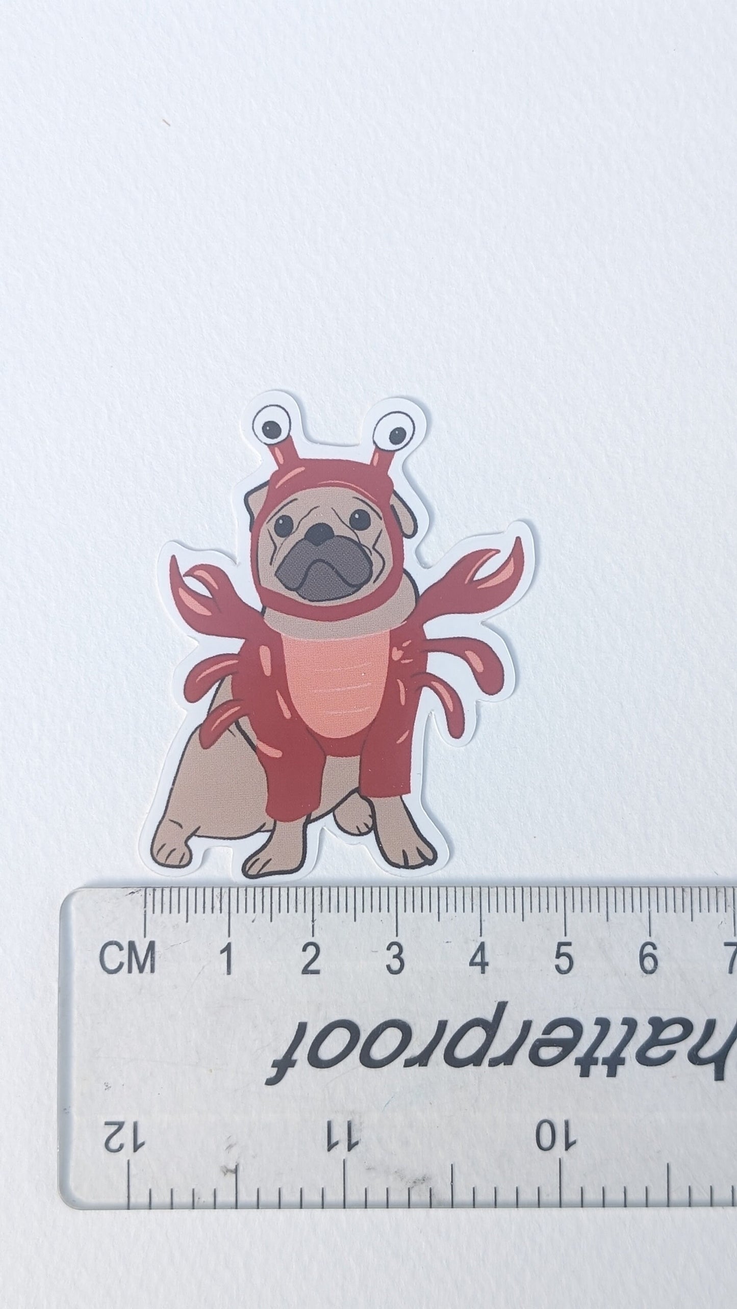 Pug Lobster Costume Sticker: Waterproof Vinyl Dog Illustration