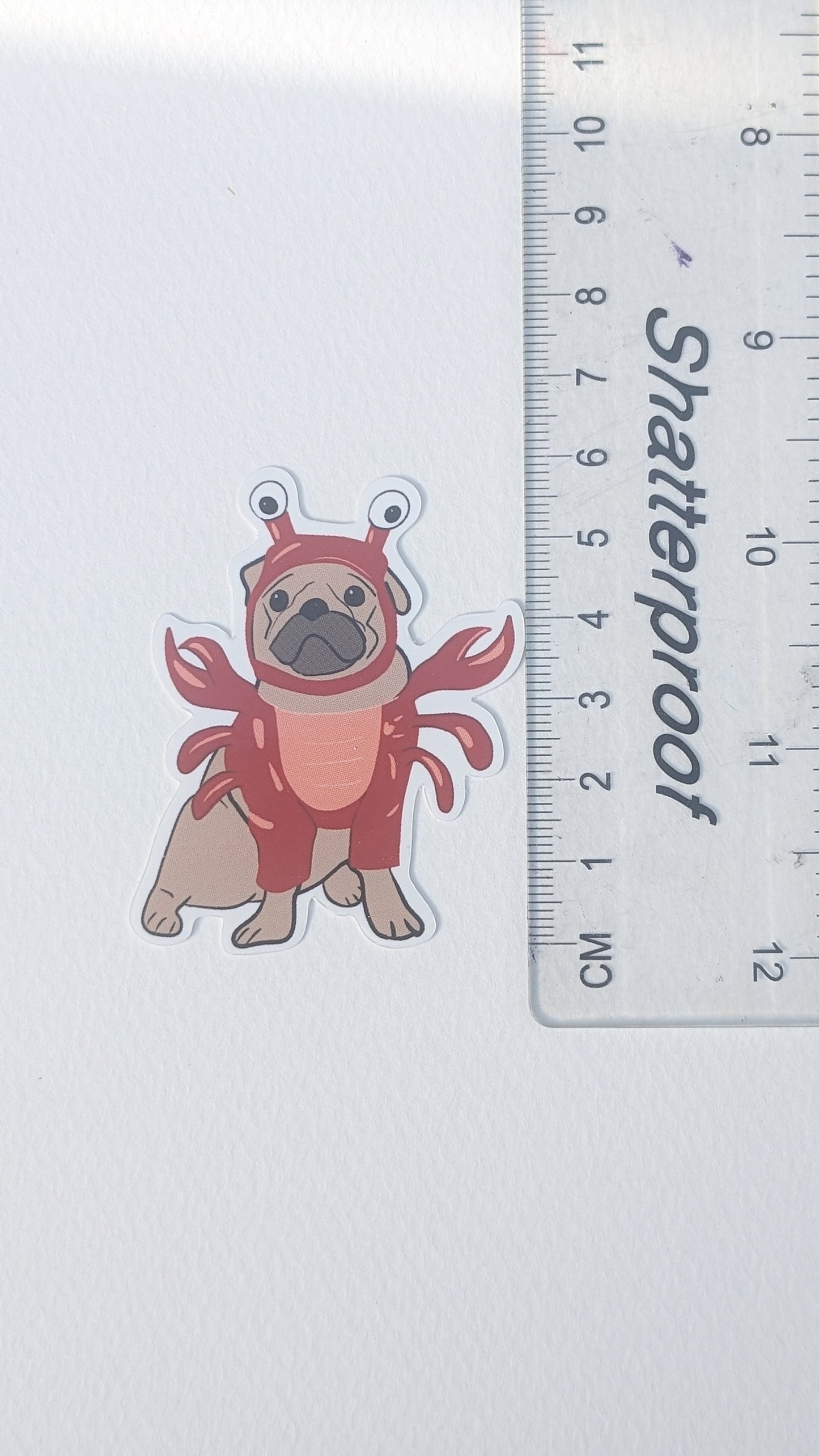 Pug Lobster Costume Sticker: Waterproof Vinyl Dog Illustration