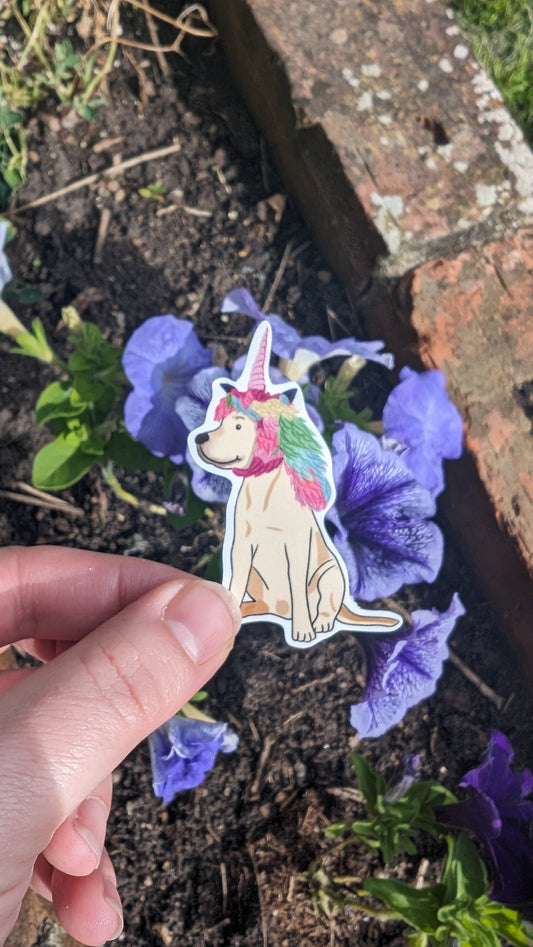 Unicorn dog sticker. Die cut Labrador vinyl waterproof sticker for laptops, notebooks, water bottles