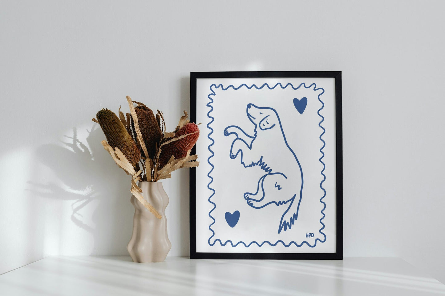Golden Retriever Art Print: Blue and White Dog Illustration