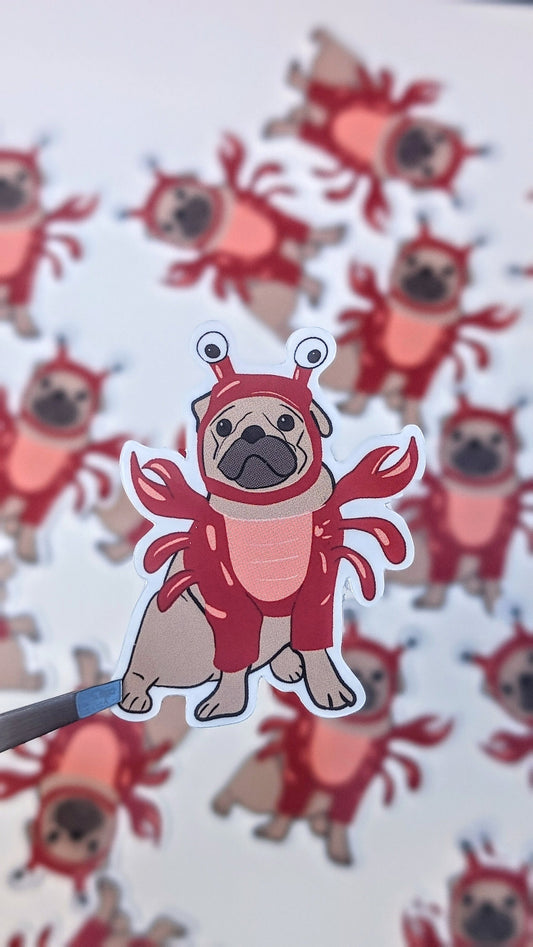 Pug Lobster Costume Sticker: Waterproof Vinyl Dog Illustration