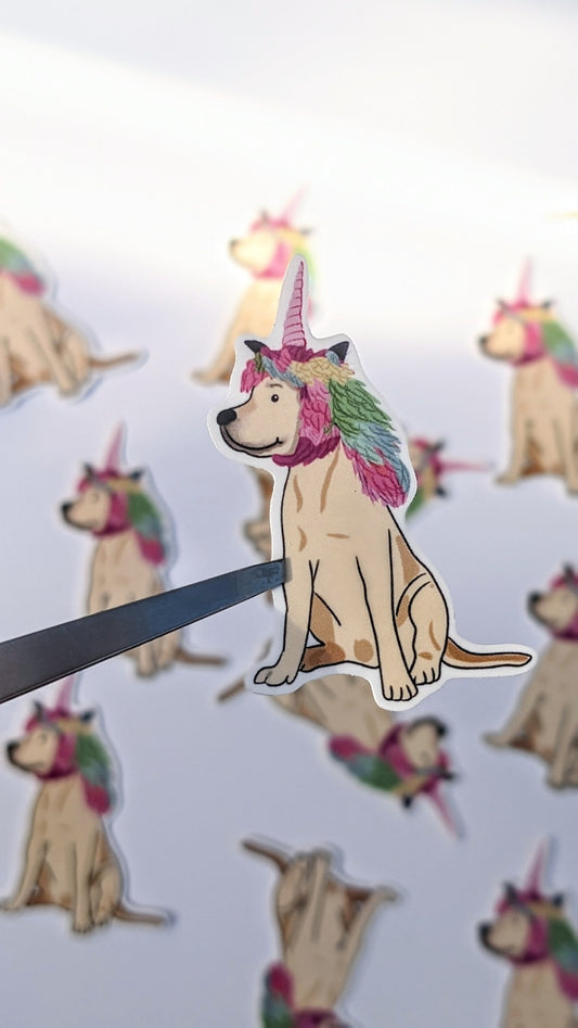 Unicorn dog sticker. Die cut Labrador vinyl waterproof sticker for laptops, notebooks, water bottles