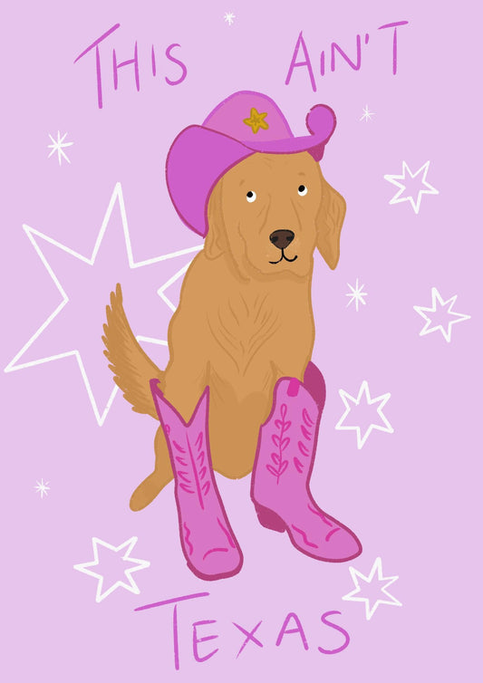 Golden retriever cowgirl A4 print. Pink wall decor. Wall art, Texas, cowboy, country poster