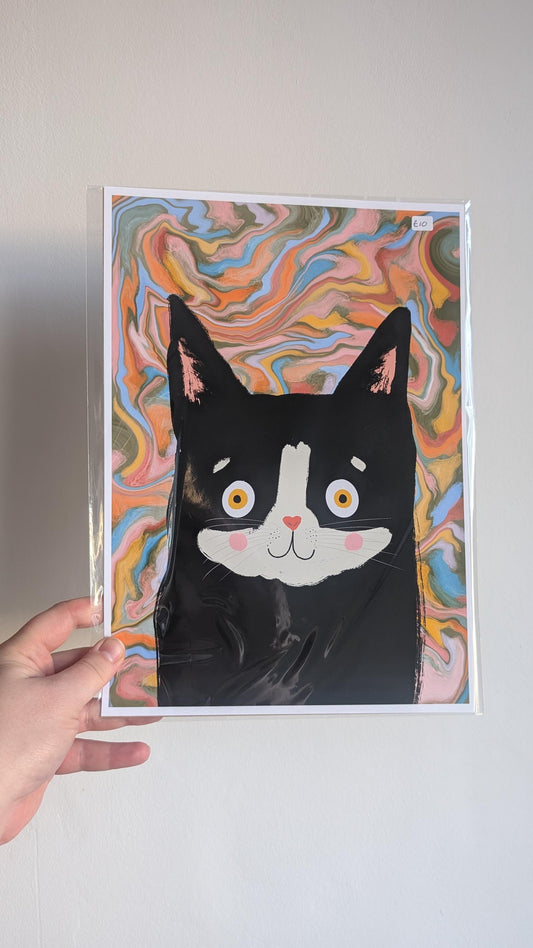 Black Cat Art Print: Colorful Abstract Illustration, A4