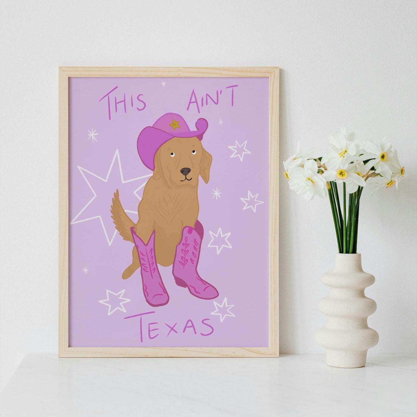 Golden retriever cowgirl A4 print. Pink wall decor. Wall art, Texas, cowboy, country poster