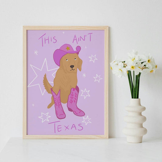 Golden retriever cowgirl A4 print. Pink wall decor. Wall art, Texas, cowboy, country poster