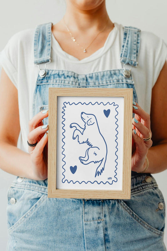 Golden Retriever Art Print: Blue and White Dog Illustration