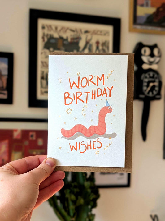 Worm Birthday Card: Illustrated Insect Greeting on Recycled Paper