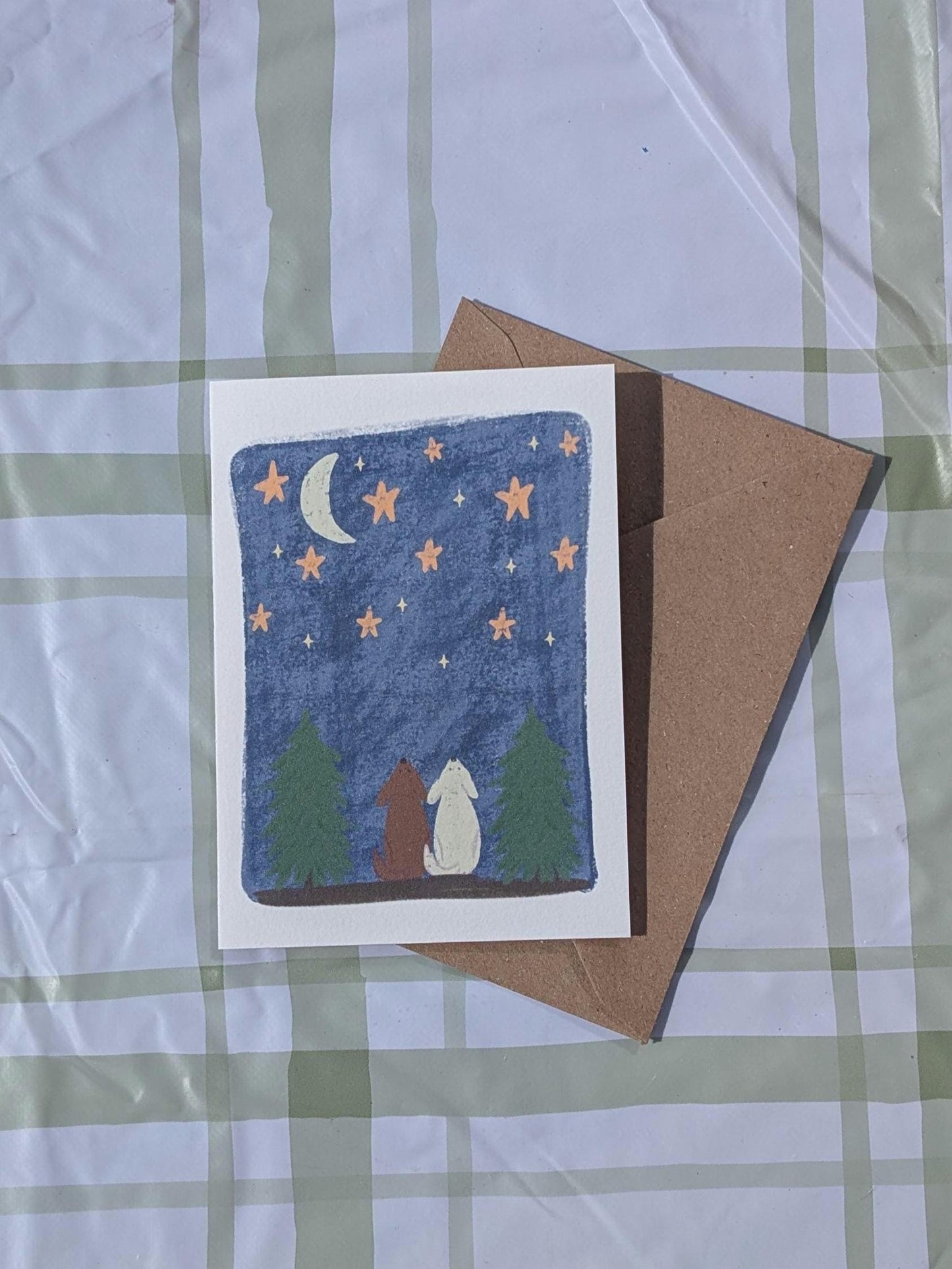 Any occasion greeting card. Notecards. Two dogs staring at the sky illustration. Thinking of you