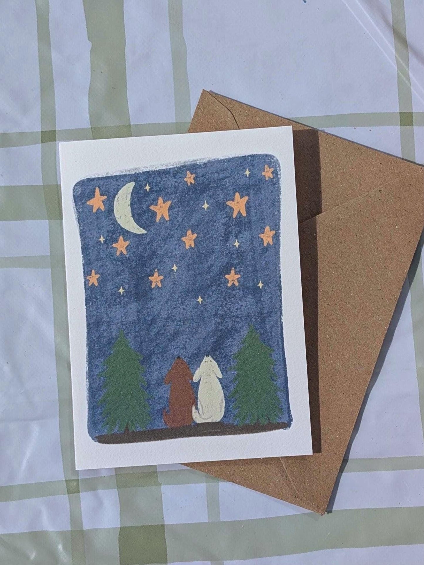Any occasion greeting card. Notecards. Two dogs staring at the sky illustration. Thinking of you