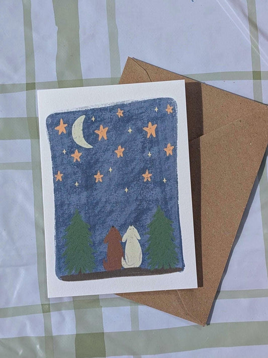 Any occasion greeting card. Notecards. Two dogs staring at the sky illustration. Thinking of you