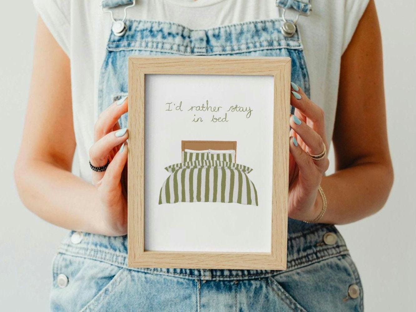 Bedroom art print. I'd rather stay in bed. Original illustration