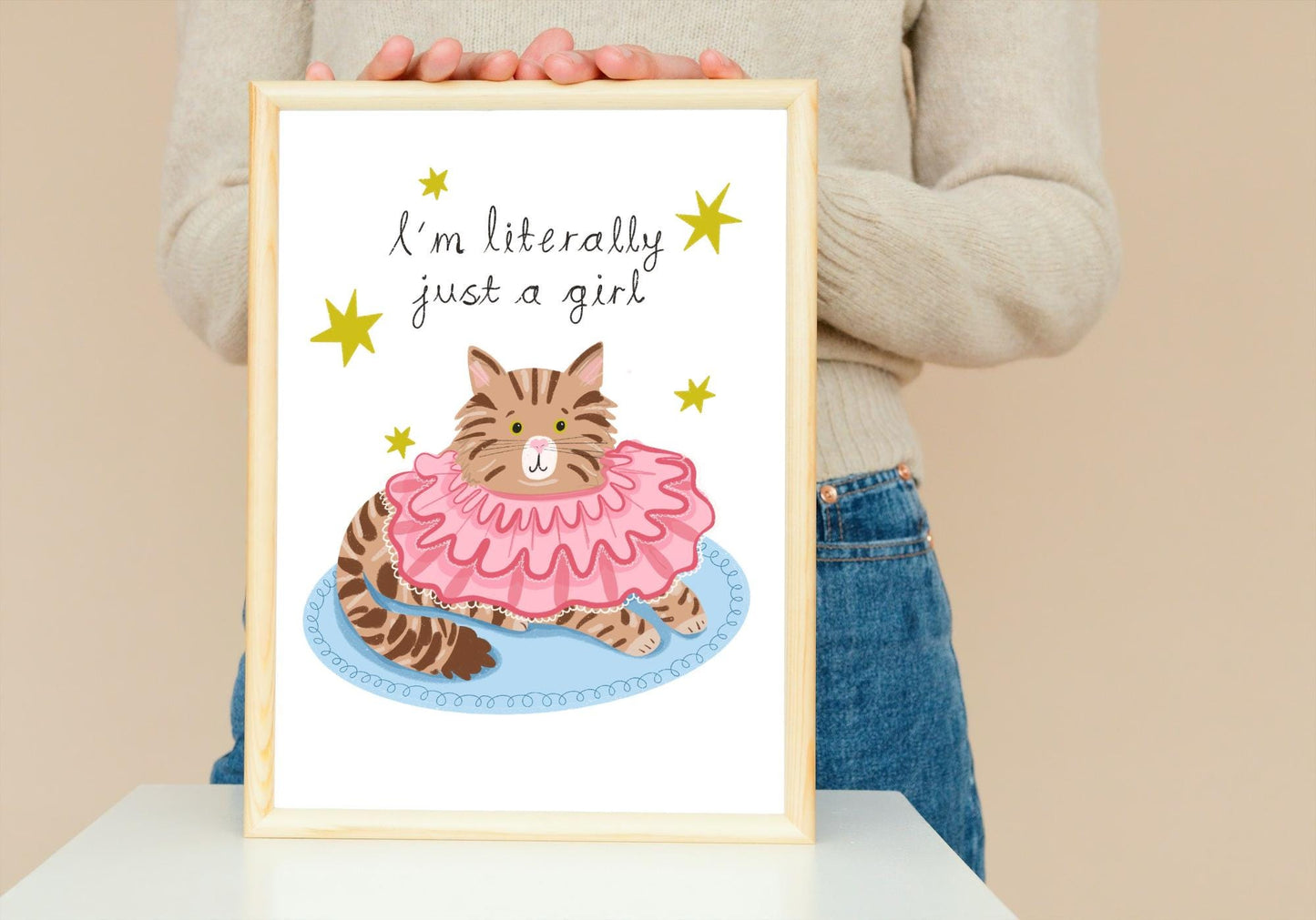 Just a girl cat print. Wall art illustration