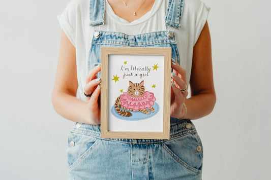 Just a girl cat print. Wall art illustration