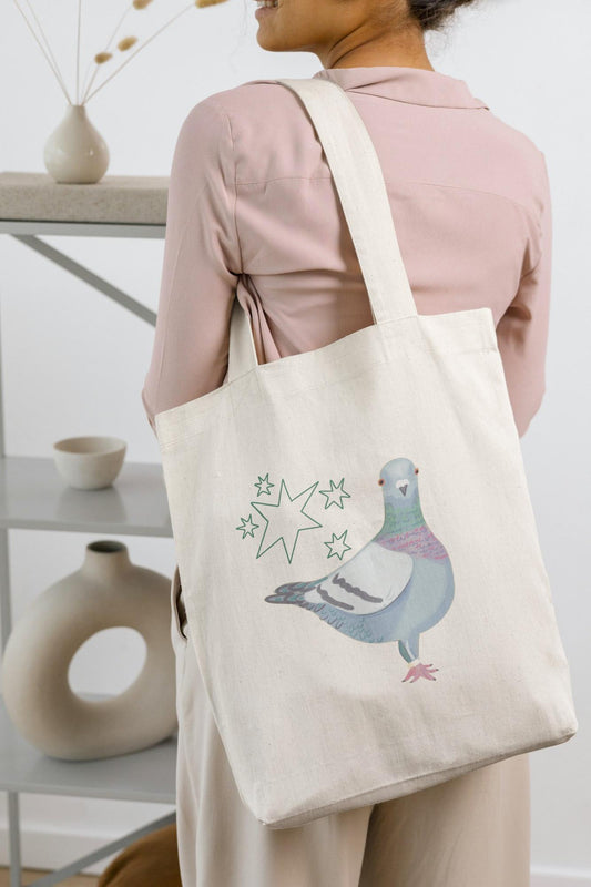 Cotton canvas pigeon tote shopper. Pigeon lover gift