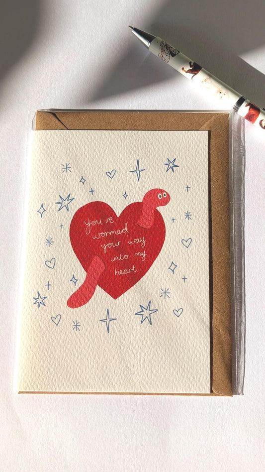 Funny Worm Valentine's Day Card - Illustrated A6 Greeting Card