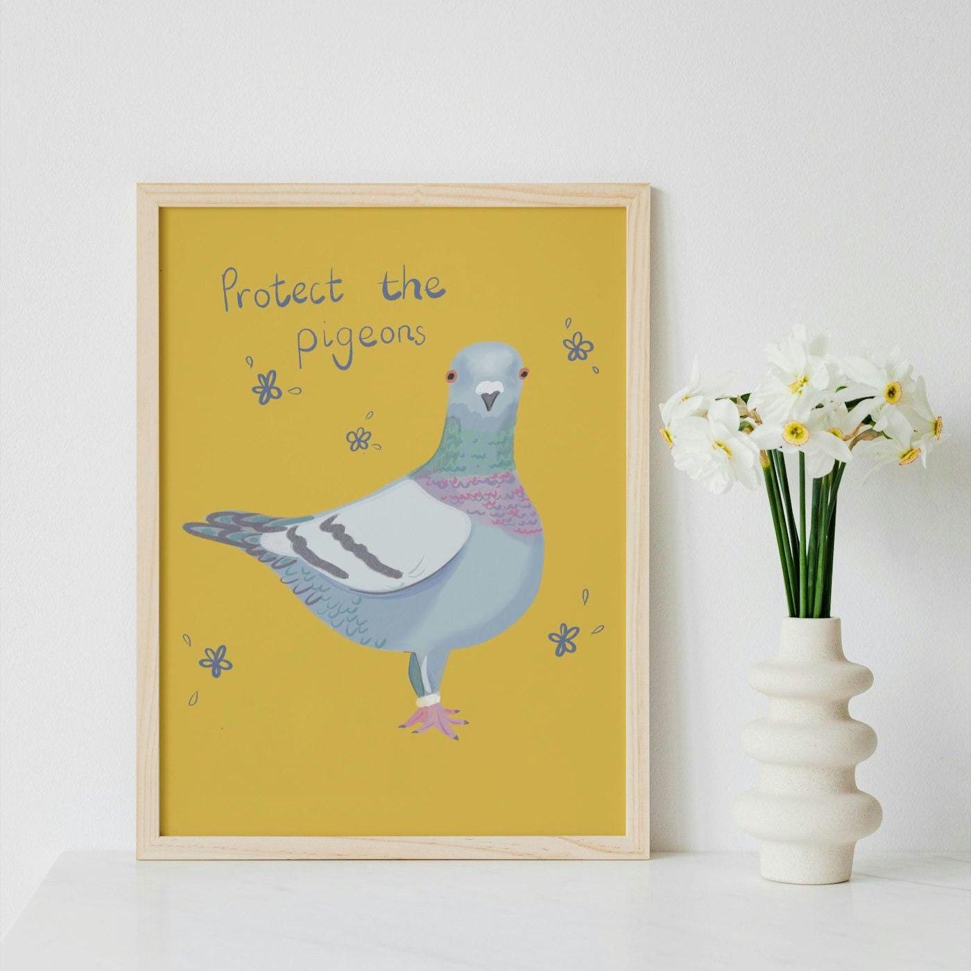 Pigeon art illustrated print. Original illustration. Protect the pigeons.