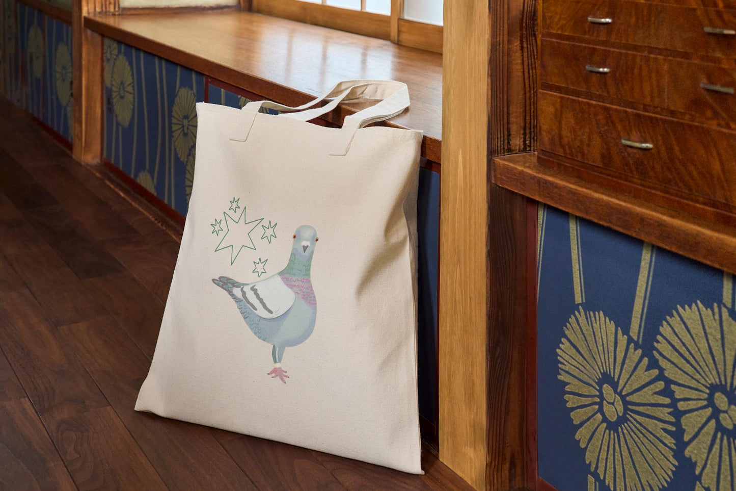 Cotton canvas pigeon tote shopper. Pigeon lover gift