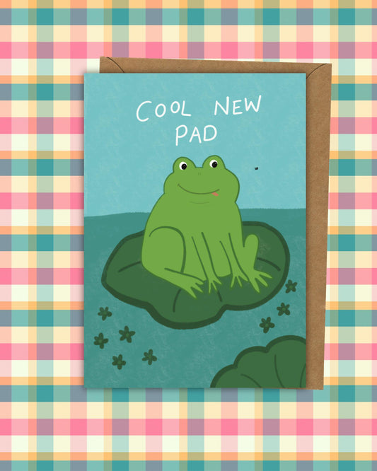 Illustrated Frog New Home Card: Happy Frog on Lilypad (A6)