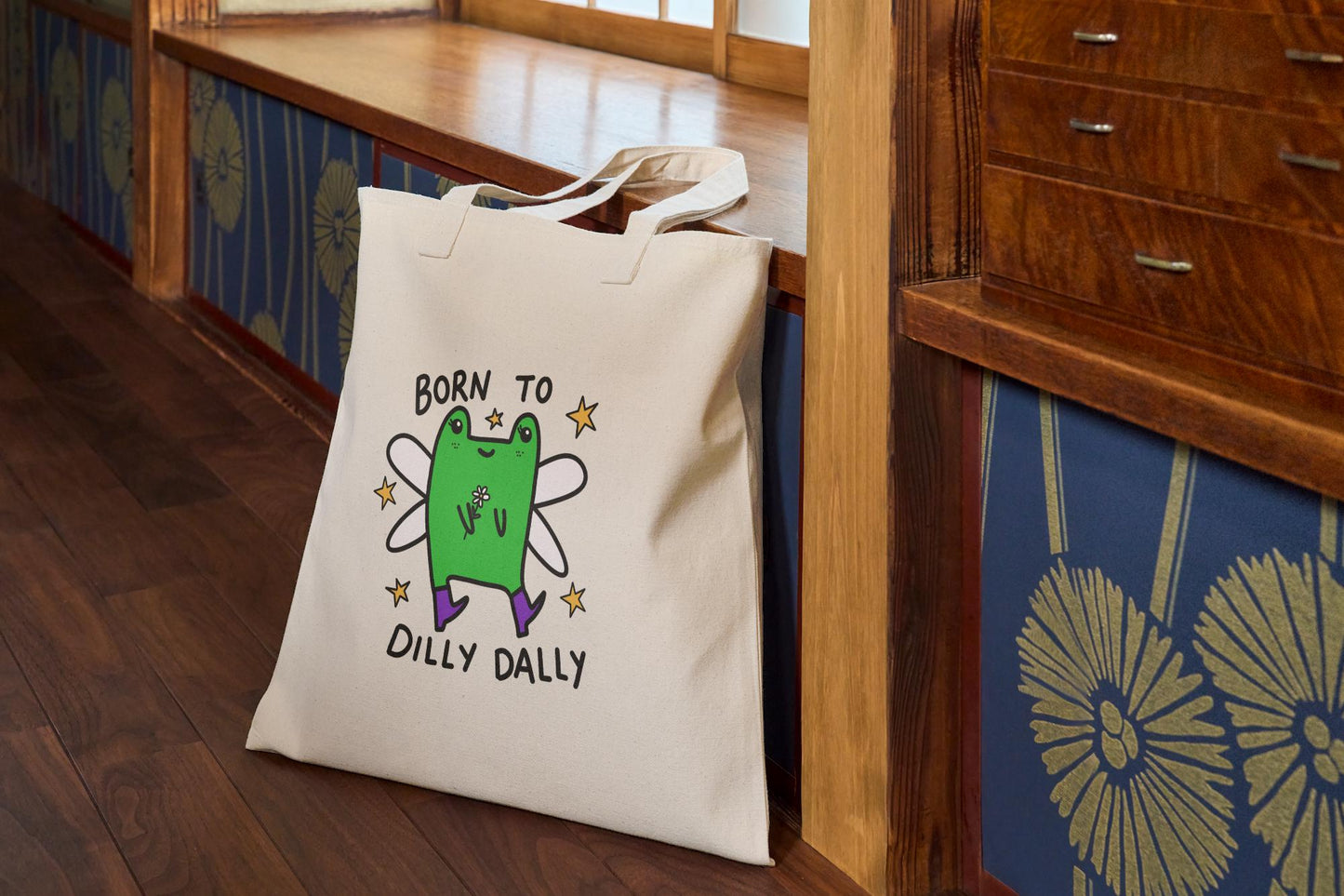 Cotton canvas frog tote shopper. Born to Dilly Dally fairy frog toad