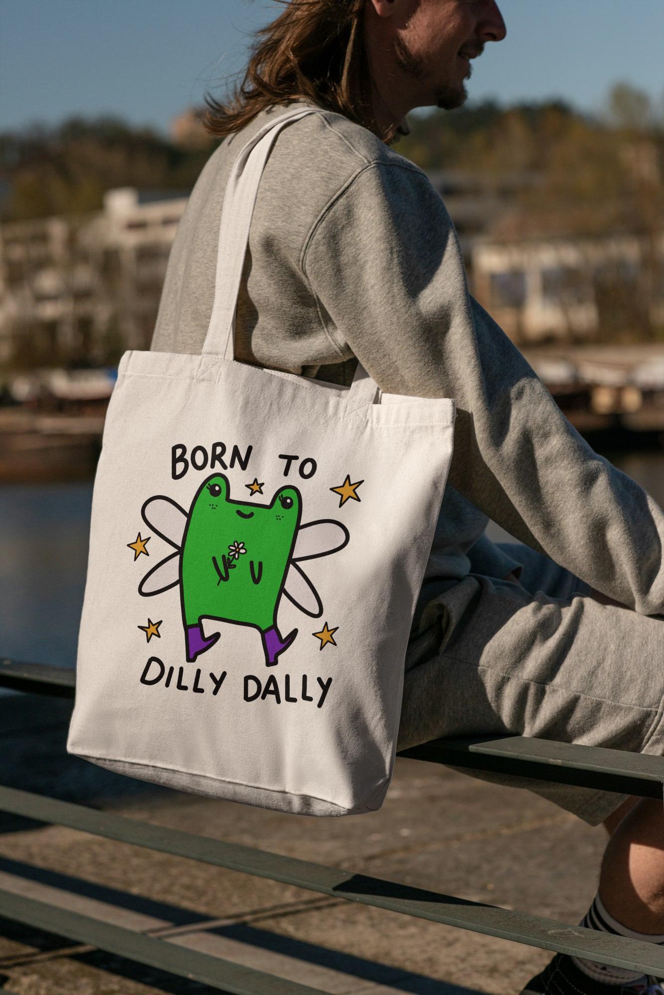 Cotton canvas frog tote shopper. Born to Dilly Dally fairy frog toad